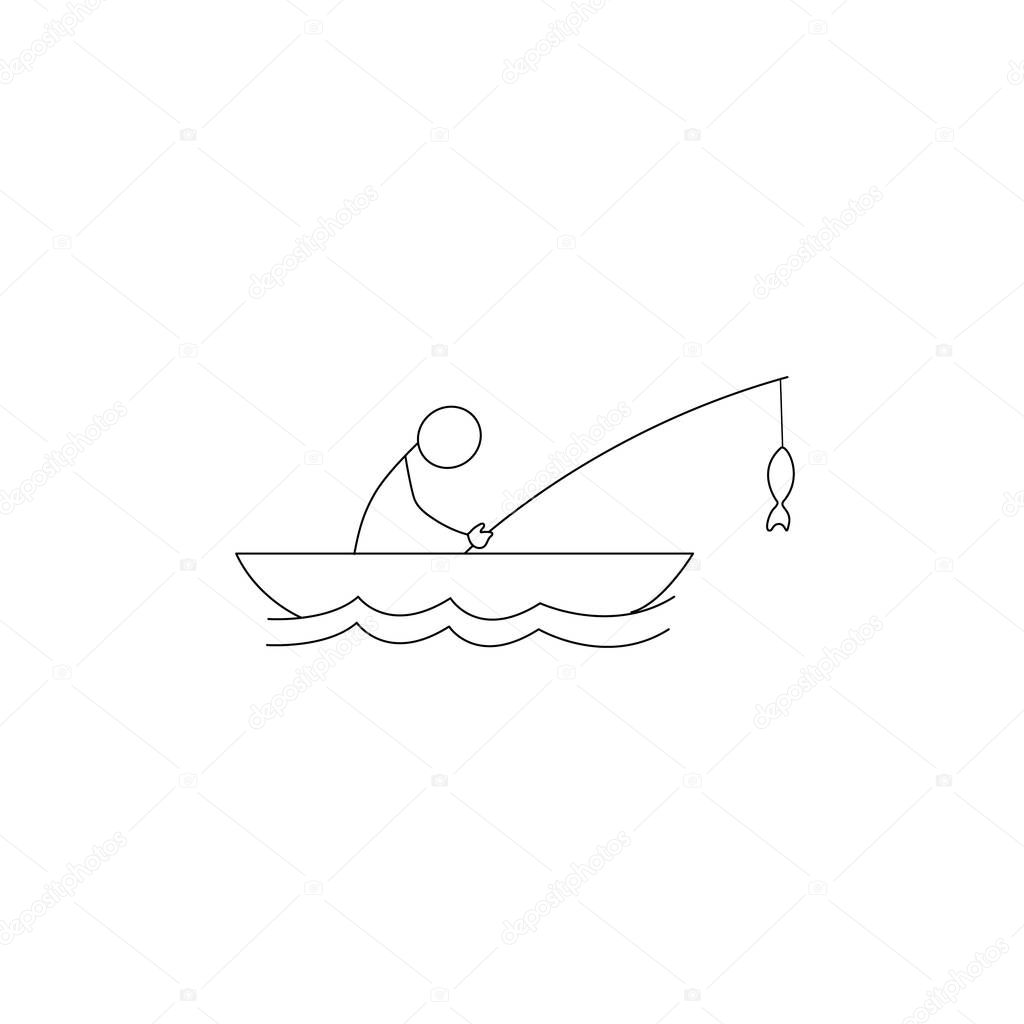Stick figure fisherman icon catching a fish on a rod vector