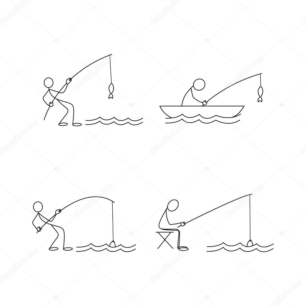 Fisherman trying to catch a fish. Stick figure icon vector