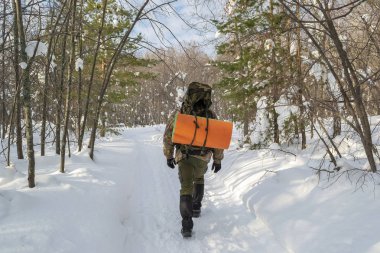 Racksack ormandaki kış yol boyunca gidiş adamla Turistik arka görünüm