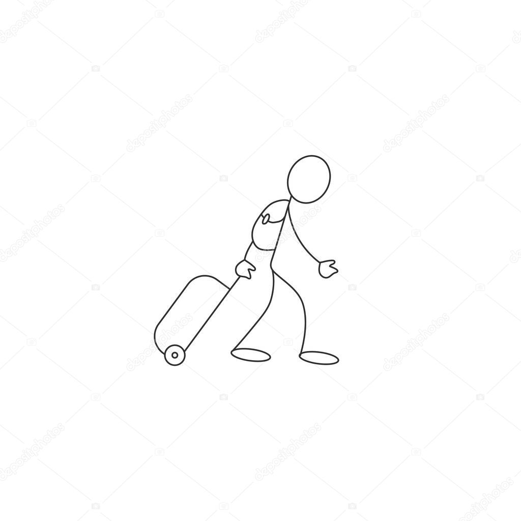 Tourist man passenger with backpack and rolling bag stick figure icon vector isolated on white background.