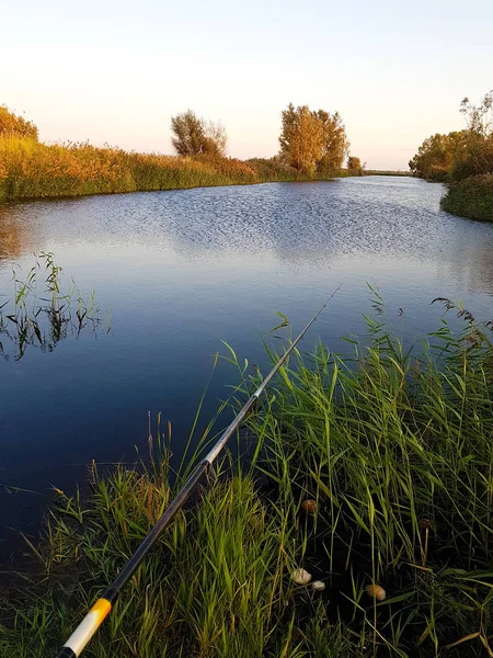 Kvälls landskap vid älven. Fiskespö i gräset. — Stockfoto