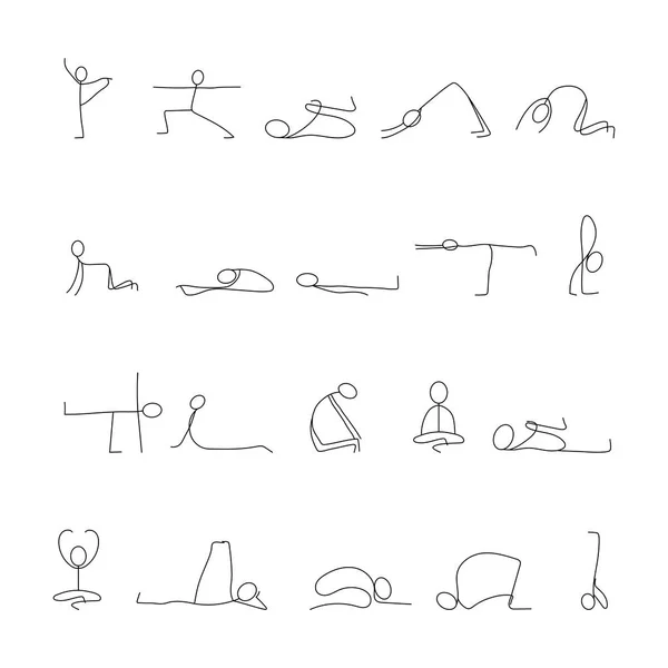 20 Yoga Posen Strichmännchen Linienvektor — Stockvektor