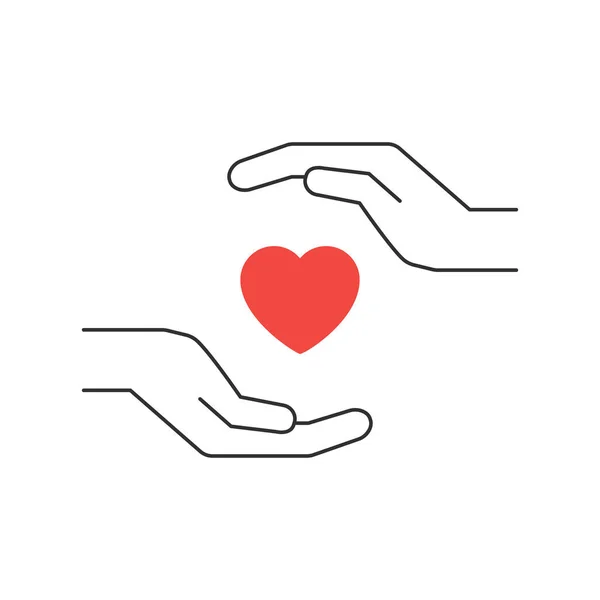 Красное Сердце Между Двумя Руками Векторная Иллюстрация Символ Любви Ласки — стоковый вектор