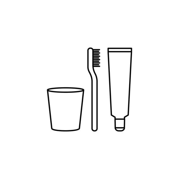 Diş temizleme malzemeleri: bir bardak, bir diş fırçası ve bir diş macunu. — Stok Vektör