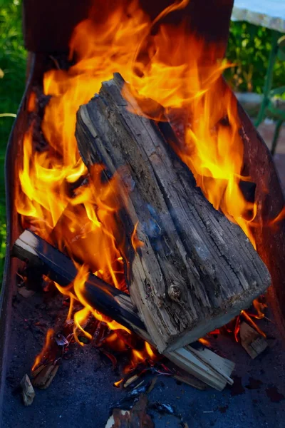 A bright fire and the burning logs in the fire, in summer on a Sunny day