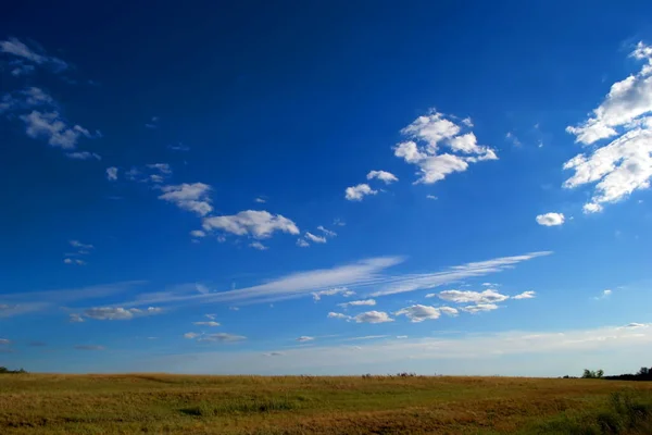 Vita Moln Den Blå Himlen Över Ett Vetefält Sommaren Solig — Stockfoto