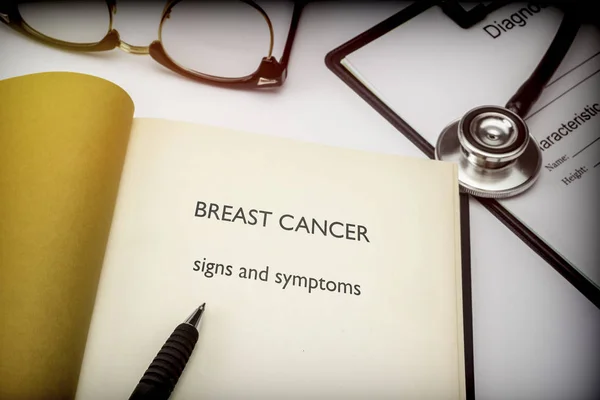 Breast cancer Symptoms and signs, book together to form of diagnosis, conceptual image