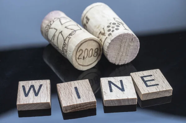 Two Corks Next Few Letters Wood Word Wine — Stock Photo, Image