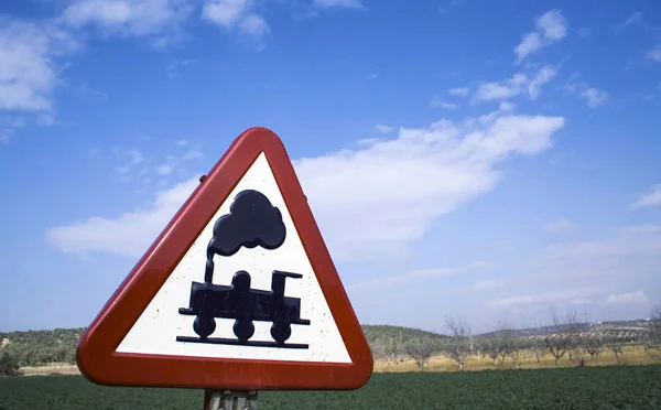 Warning Sign Worn Level Crossing Barriers Blue Sky Clouds — Stock Photo, Image