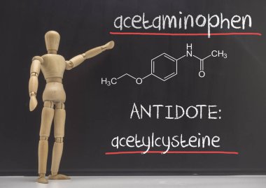 Eklemli bebek, parasetamol zehirlenmesini kanda öğretiyor. Panzehir ise asetilsistein, kavramsal görüntü.