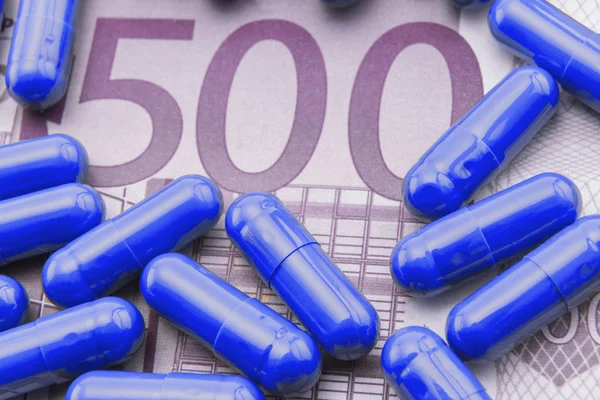 Blue Capsules Ticket 500 Euros Concept Health Copay — Stock Photo, Image
