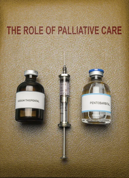 Book of The role of palliative care, vials of sodium thiopental anesthesia and pentobarbital, concept on euthanasia, composition digital imaginary