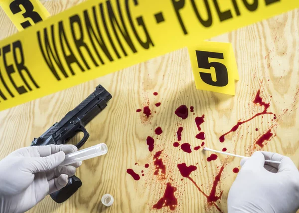 Crime Scene Weapon Judicial Police Takes Blood Samples Scene Murder — Stock Photo, Image