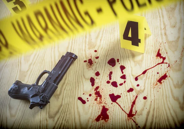 Scene Crime Gun Next Drops Blood Ground Conceptual Image Horizontal — Stock Photo, Image