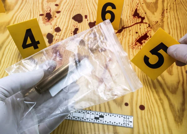 Scene Crime Scientific Police Picking Bullet Cap Evidence Bag Rule — Stock Photo, Image