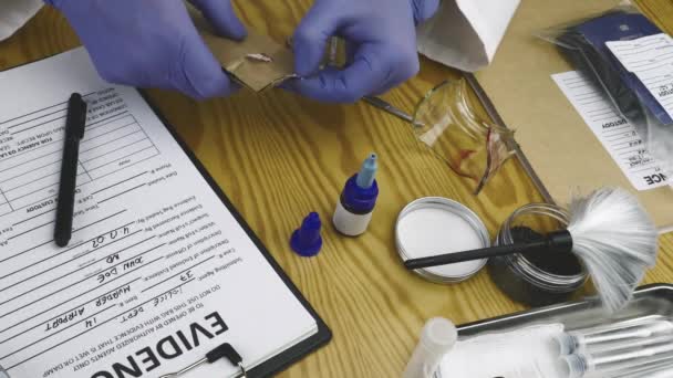 警方专家在拉瓦托里奥法医设备检查时钟和血液样本 — 图库视频影像