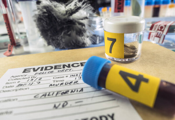 Записи полиции, а также некоторые криминалистические тесты на убийство в криминалистической лаборатории, концептуальный образ
