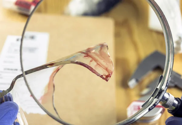 Detalle de cristales rotos con rastros de sangre en laboratorio científico — Foto de Stock