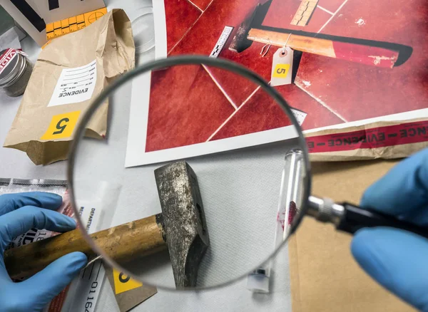 Police scientist analyses hammer from crime scene at laboratory criminologist — Stock Photo, Image