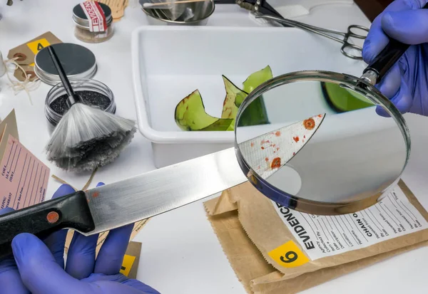犯罪現場で血とナイフを虫眼鏡で調べる専門家警察 概念的なイメージ — ストック写真