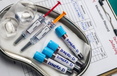 Yüksek kan dimero-D 'si olan heparin ilaçları, kavramsal görüntü, markasız ilaç kutuları.