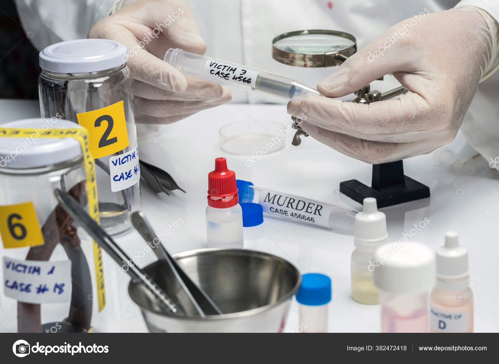 Scientific Police Picking Bullet Evidence Bag Conceptual Image — Stock