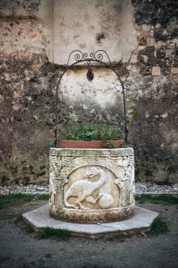 Eski ortaçağ kuyusu. Ejderha şeklindeki eski bir süslemeyle su kuyusu.