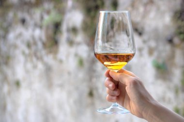 Kadın elinde şarap kadehi, paslı arka plan fotokopi alanı (tarafsız resim))