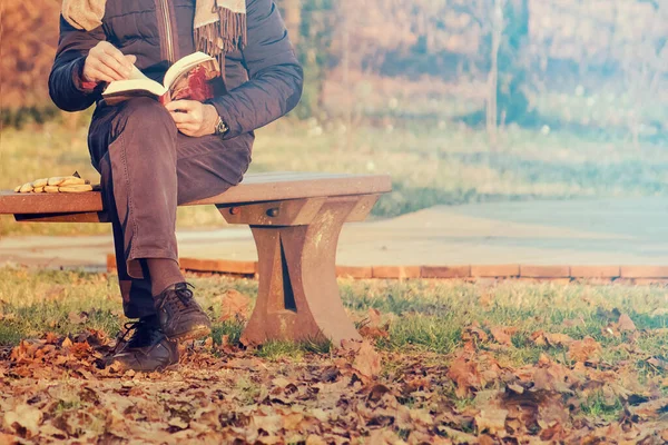 秋の公園で本を読む シニアリラックスライフスタイル 右側のコピースペース — ストック写真
