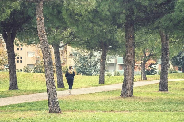 공원에서 조깅하는 포용력있는 사람의 뒷모습 배경에 보이는 아파트 — 스톡 사진