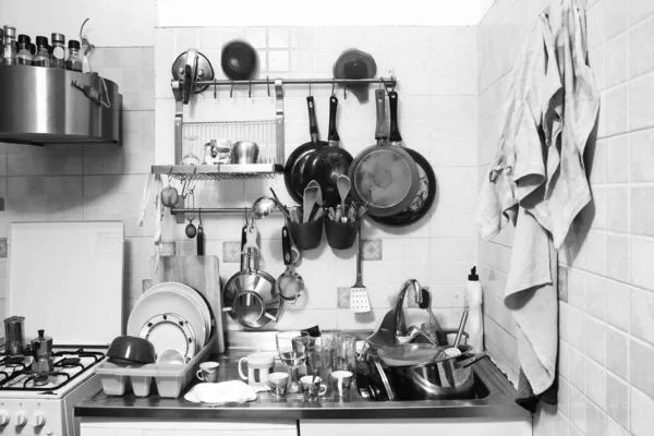 Untidy Domestic Kitchen Black White Photo Housework — Stock Photo, Image