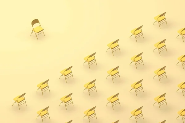 A lot of yellow chairs faced to single chair on yellow background. Waiting for conference
