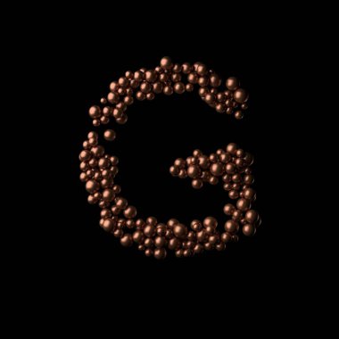 Soyut bronz G harfi siyah arka plan 33D renkte küçük kürelerden yapılmıştır. Süslü alfabe