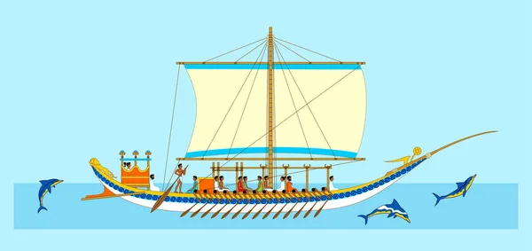 イルカとミノアン船 ミノアンフレスコのスタイルでベクトル描画 — ストックベクタ