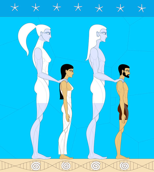 Vector drawing in the style of a fresco. It depicts the esoteric legend of the ancestors of mankind who came from the Pleiades