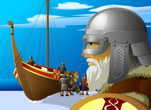 Viking ship moored ashore, warriors land. Vector illustration