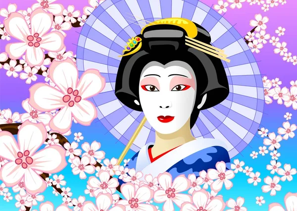 Geyşa. Japonya. Bahçede şemsiyenin altında sakura çiçekleriyle çevrili bir kız..