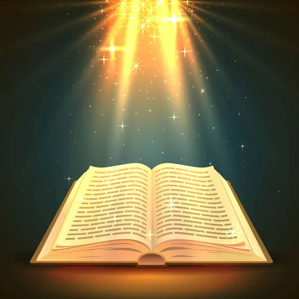 Livre ouvert avec lumière magique, objet de religion . — Image vectorielle