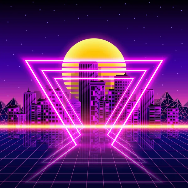 复古的霓虹灯城市的背景。霓虹灯风格 80 年代. — 图库矢量图片