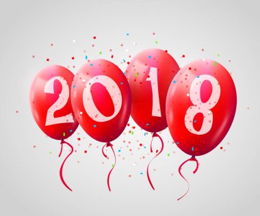 Tebrik kartı 2018 Noel ve yeni yıl kartı gerçekçi kırmızı balonlar ve beyaz arka plan üzerinde numaraları. E-posta selamlar, web dekorasyon.