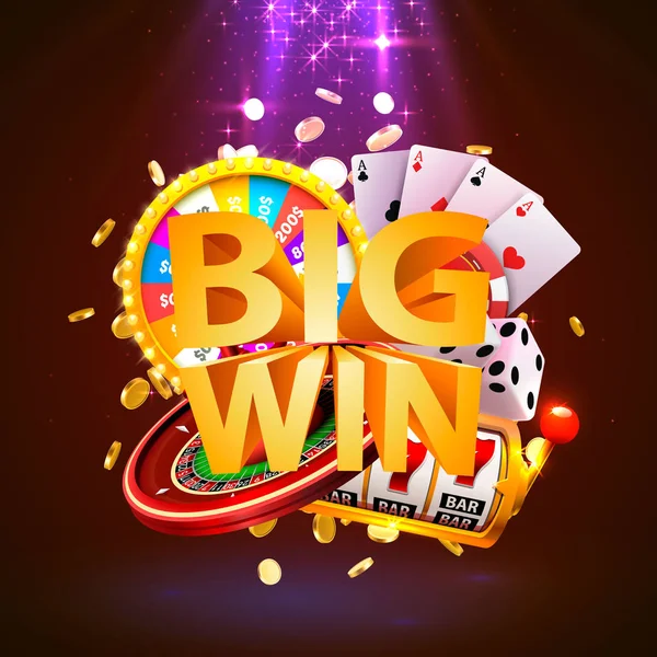 Büyük kazanmak casino kolaj, oyun banner tasarımı. — Stok Vektör