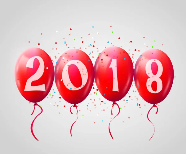 Gratulationskort 2018 jul eller nyår kort med realistiska röda ballonger och siffror på vit bakgrund. E-hälsningar, web dekoration. — Stock vektor