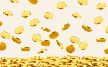 Düşen paralar, düşen paralar, uçan altın paralar, altın yağmurlar. Büyük ikramiye ya da başarı konsepti. Modern arkaplan.