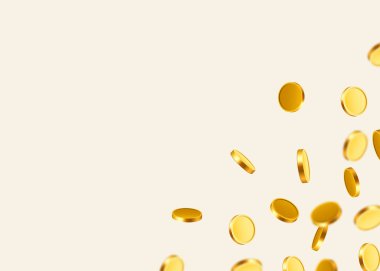 Düşen paralar, düşen paralar, uçan altın paralar, altın yağmurlar. Büyük ikramiye ya da başarı konsepti. Modern arkaplan.