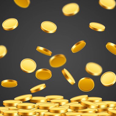 Düşen paralar, düşen paralar, uçan altın paralar, altın yağmurlar. Büyük ikramiye ya da başarı konsepti. Modern arkaplan.