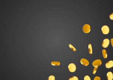Düşen paralar, düşen paralar, uçan altın paralar, altın yağmurlar. Büyük ikramiye ya da başarı konsepti. Modern arkaplan.