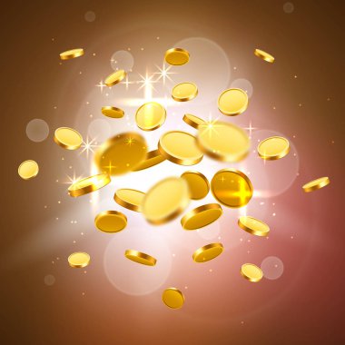 Düşen paralar, düşen paralar, uçan altın paralar, altın yağmurlar. Büyük ikramiye ya da başarı konsepti. Modern arkaplan.