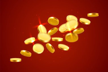 Düşen paralar, düşen paralar, uçan altın paralar, altın yağmurlar. Büyük ikramiye ya da başarı konsepti. Modern arkaplan.