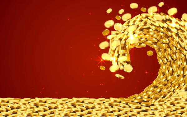 Wave Money Huge Tsunami Wave Gold Coins Jackpot Success Concept — Stock Vector