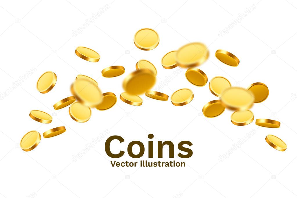 Falling coins, falling money, flying gold coins, golden rain. Jackpot or success concept. Modern background. Vector illustration
